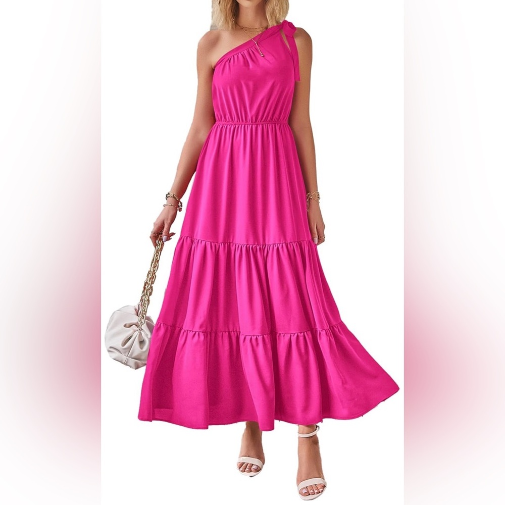 One-Shoulder Hot Pink Tiered Maxi Dress - Women XXL